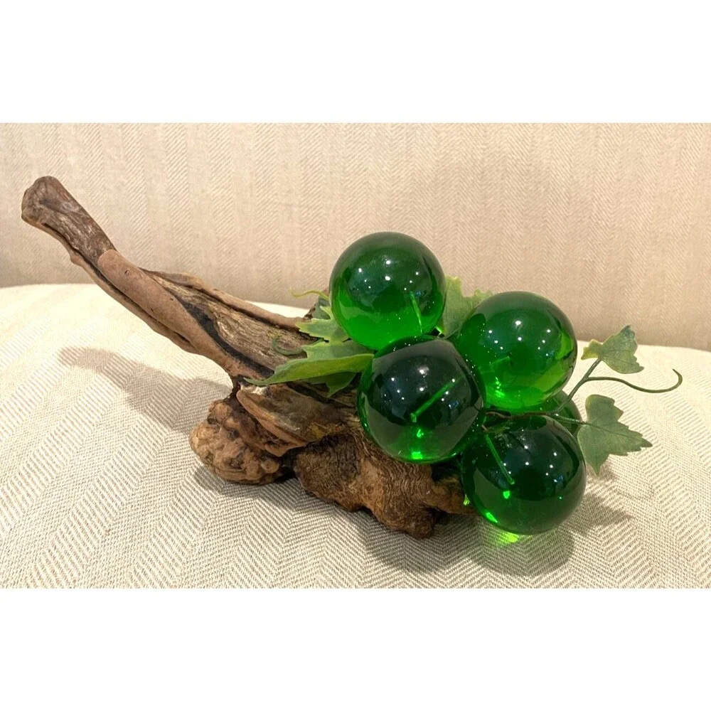 RARE Vintage Large Green Lucite Grape Cluster on Driftwood Burl Wood 8